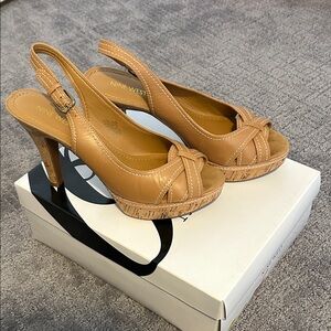 Nine West Brown Peep-Toe Slingback cork Heels